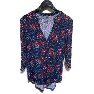 Max Jeans Blue & Red Floral V-Neck Tab-Sleeve Top